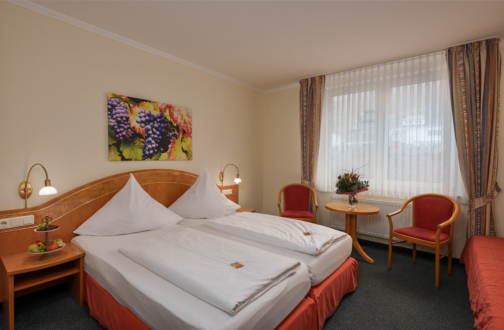 Doppelzimmer Standard - Brixiade - moselstern.de - Zimmer 311 - Hotel Brixiade & Triton - Bett - Sofa - Fensteransicht